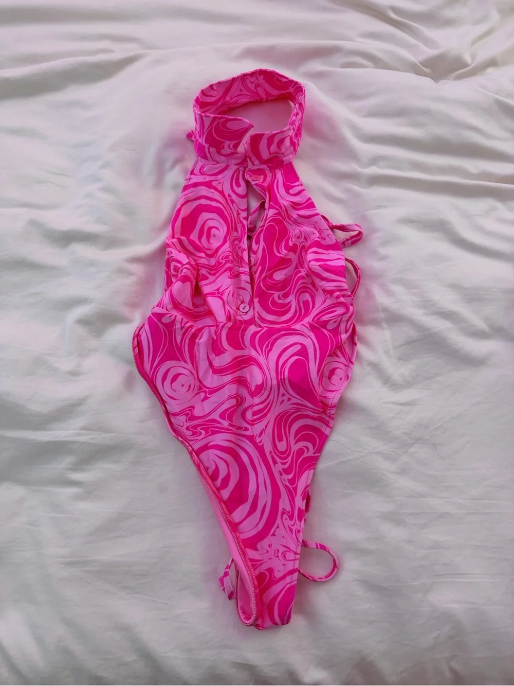 Frankie’s Bikinis Pink Swirl Halter One-Piece Swimsuit